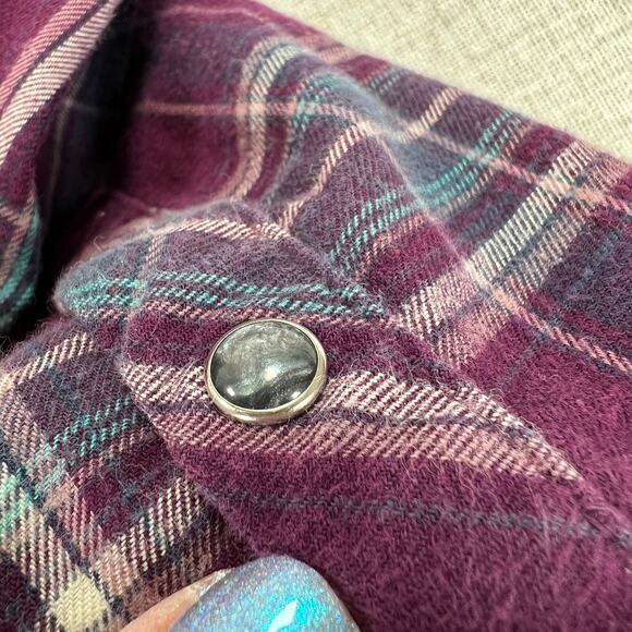 Kuhl Womens Flannel Shirt Long Sleeve 1/2 Snap Button Purple Teal Plaid Large - Picture 8 of 11